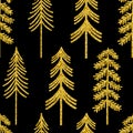 Seamless pattern Christmas trees gold silhouettes glitter vector illustration Royalty Free Stock Photo